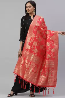 flaher Coral Red  Golden Woven Design Banarasi Dupatta