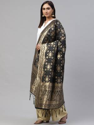 flaher Black  Golden Woven Design Banarasi Dupatta 1