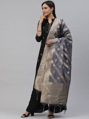 flaher Grey  Golden Woven Design Banarasi Silk Dupatta 1