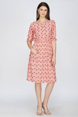 Peach printed viscose rayon short-dresses 1