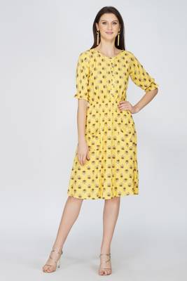 Yellow printed viscose rayon short-dresses 1