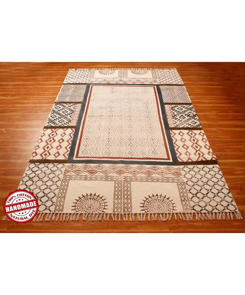 Hand Block Printed Cotton  Area Rugs Bohomian Kilims Rug Home Art Decor Carpet Throw Rug Flatwoven- 11x11-Feet-Square