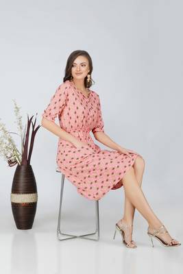 Peach printed viscose rayon short-dresses 2