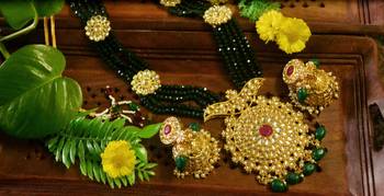 Green designer floral meenakari kundan studed onyx stone multilayer necklace set with earrings 1