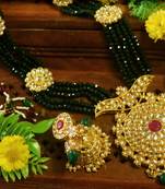 Green designer floral meenakari kundan studed onyx stone multilayer necklace set with earrings