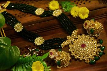 Green designer floral meenakari kundan studed onyx stone multilayer necklace set with earrings 2