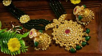 Green designer floral meenakari kundan studed onyx stone multilayer necklace set with earrings 3