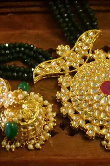 Green designer floral meenakari kundan studed onyx stone multilayer necklace set with earrings