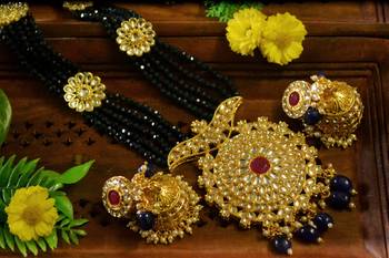 Blue designer floral meenakari kundan studed onyx stone multilayer necklace set with earrings 1