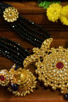 Blue designer floral meenakari kundan studed onyx stone multilayer necklace set with earrings