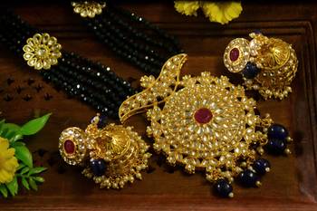 Blue designer floral meenakari kundan studed onyx stone multilayer necklace set with earrings 2
