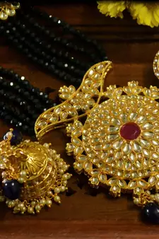 Blue designer floral meenakari kundan studed onyx stone multilayer necklace set with earrings