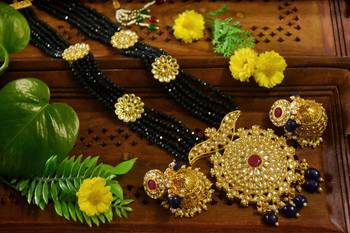 Blue designer floral meenakari kundan studed onyx stone multilayer necklace set with earrings 3