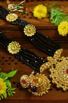 Blue designer floral meenakari kundan studed onyx stone multilayer necklace set with earrings