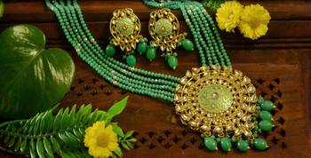 Turquoise designer floral meenakari kundan studed onyx stone multilayer necklace set with earrings 1