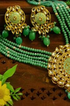 Turquoise designer floral meenakari kundan studed onyx stone multilayer necklace set with earrings