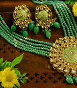 Turquoise designer floral meenakari kundan studed onyx stone multilayer necklace set with earrings