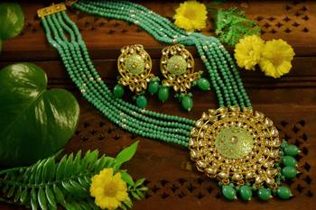 Turquoise designer floral meenakari kundan studed onyx stone multilayer necklace set with earrings 2