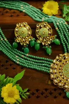 Turquoise designer floral meenakari kundan studed onyx stone multilayer necklace set with earrings