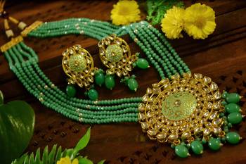 Turquoise designer floral meenakari kundan studed onyx stone multilayer necklace set with earrings 3