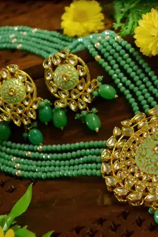 Turquoise designer floral meenakari kundan studed onyx stone multilayer necklace set with earrings