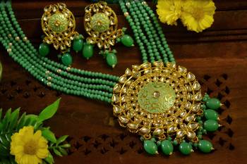 Turquoise designer floral meenakari kundan studed onyx stone multilayer necklace set with earrings 4
