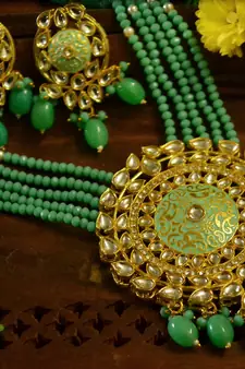 Turquoise designer floral meenakari kundan studed onyx stone multilayer necklace set with earrings