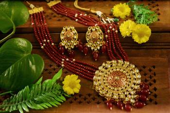 Red Designer Floral Meenakari Kundan Studed Onyx Stone Multilayer Necklace Set with Earrings 1