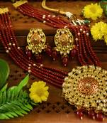 Red Designer Floral Meenakari Kundan Studed Onyx Stone Multilayer Necklace Set with Earrings