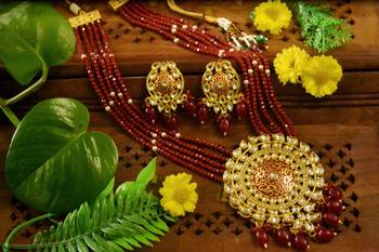 Red Designer Floral Meenakari Kundan Studed Onyx Stone Multilayer Necklace Set with Earrings 2