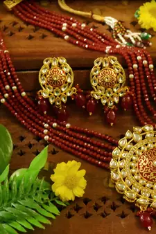 Red Designer Floral Meenakari Kundan Studed Onyx Stone Multilayer Necklace Set with Earrings