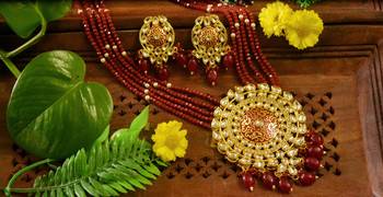 Red Designer Floral Meenakari Kundan Studed Onyx Stone Multilayer Necklace Set with Earrings 3