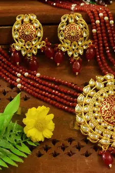 Red Designer Floral Meenakari Kundan Studed Onyx Stone Multilayer Necklace Set with Earrings