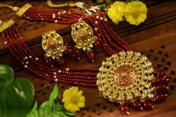 Red Designer Floral Meenakari Kundan Studed Onyx Stone Multilayer Necklace Set with Earrings 4