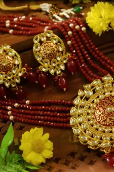 Red Designer Floral Meenakari Kundan Studed Onyx Stone Multilayer Necklace Set with Earrings