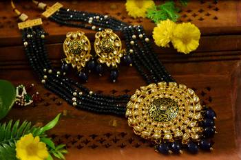 Blue designer floral meenakari kundan studed onyx stone multilayer necklace set with earrings 1