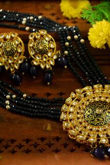 Blue designer floral meenakari kundan studed onyx stone multilayer necklace set with earrings