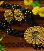 Blue designer floral meenakari kundan studed onyx stone multilayer necklace set with earrings