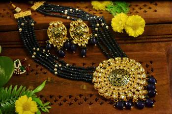 Blue designer floral meenakari kundan studed onyx stone multilayer necklace set with earrings 2
