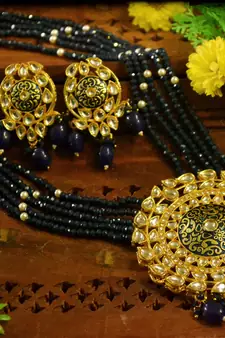 Blue designer floral meenakari kundan studed onyx stone multilayer necklace set with earrings