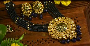 Blue designer floral meenakari kundan studed onyx stone multilayer necklace set with earrings 3