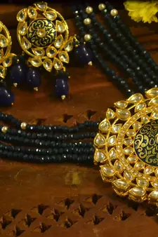 Blue designer floral meenakari kundan studed onyx stone multilayer necklace set with earrings
