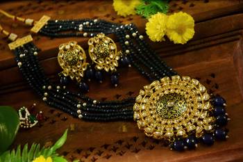 Blue designer floral meenakari kundan studed onyx stone multilayer necklace set with earrings 4