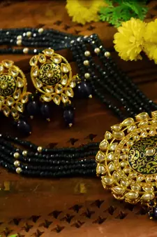 Blue designer floral meenakari kundan studed onyx stone multilayer necklace set with earrings