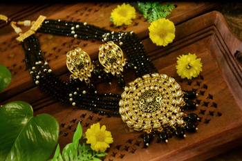 Black designer floral meenakari kundan studed onyx stone multilayer necklace set with earrings 1