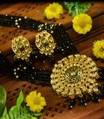 Black designer floral meenakari kundan studed onyx stone multilayer necklace set with earrings