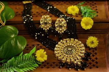 Black designer floral meenakari kundan studed onyx stone multilayer necklace set with earrings 2
