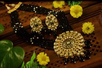 Black designer floral meenakari kundan studed onyx stone multilayer necklace set with earrings 3