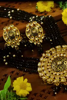 Black designer floral meenakari kundan studed onyx stone multilayer necklace set with earrings