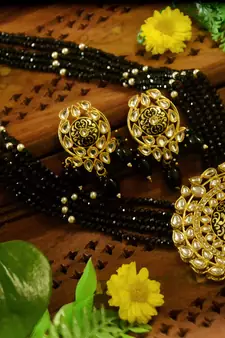 Black designer floral meenakari kundan studed onyx stone multilayer necklace set with earrings